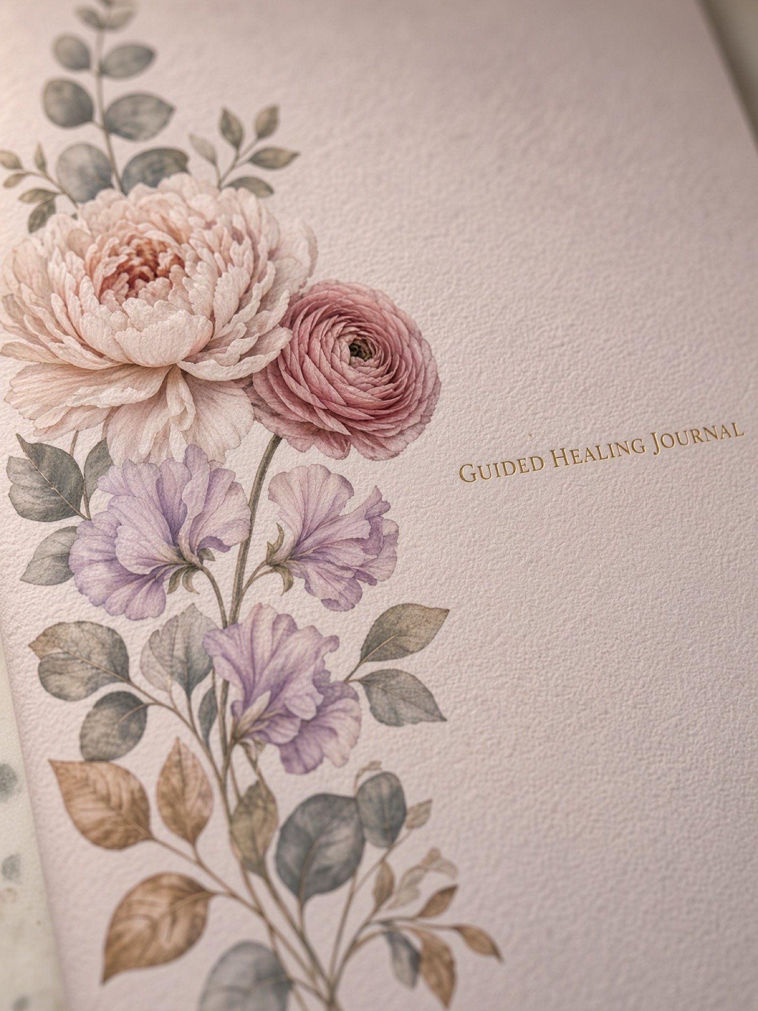 Close view of the watercolor peony, ranunculus, and violet on the journal cover.
